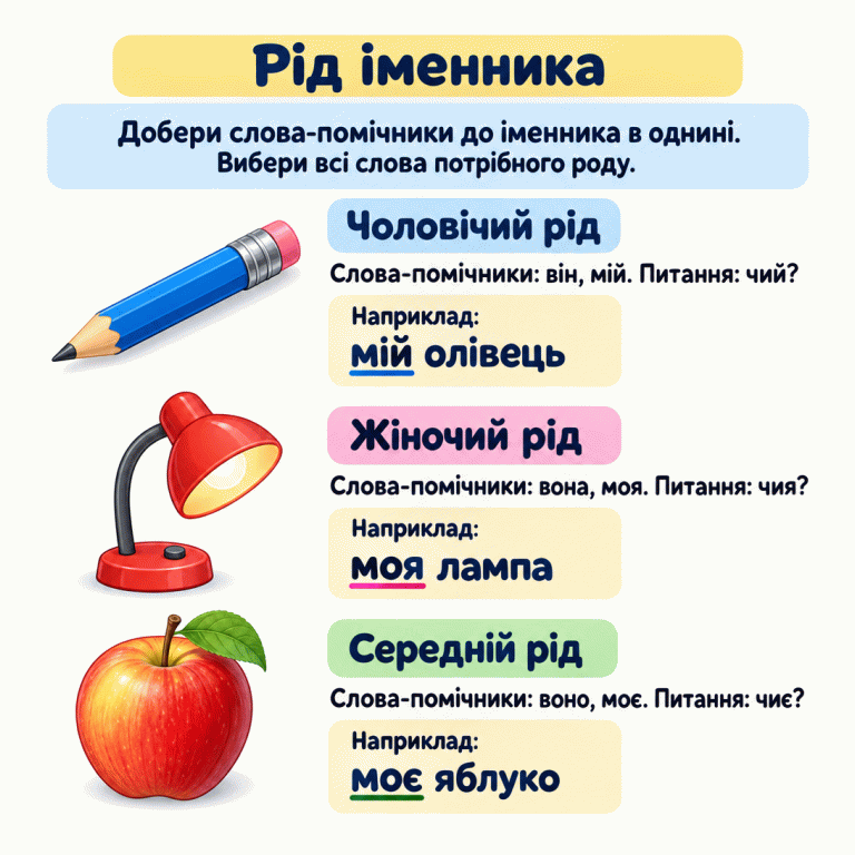Картка пояснює визначення роду іменника в однині. Чоловічий рід: він, мій; чий? Навчальний приклад — «мій олівець». Жіночий рід: вона, моя; чия? Приклад — «моя лампа». Середній рід: воно, моє; чиє? Приклад — «моє яблуко». До кожного слова добираємо слова-помічники й вибираємо всі іменники потрібного в завданні роду. Рід іменника Чоловічий рід: Слова-помічники: він, мій. Питання: чий? Жіночий рід: Слова-помічники: вона, моя. Питання: чия? Середній рід: Слова-помічники: воно, моє. Питання: чиє? Добери слова-помічники до іменника в однині. Вибери всі слова потрібного роду. Наприклад: мій олівець моя лампа моє яблуко