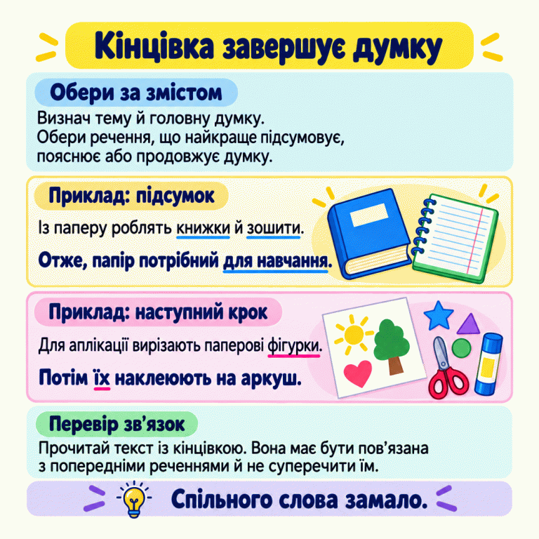 Кінцівку обирають за змістом, а не за збігом слів. Потрібно визначити тему й головну думку та перевірити зв’язок із попередніми реченнями. Приклад підсумку: із паперу роблять книжки й зошити, отже, папір потрібний для навчання. Приклад наступного кроку: для аплікації вирізають паперові фігурки, потім їх наклеюють на аркуш. Кінцівка має завершувати думку й не суперечити тексту. Кінцівка завершує думку Обери за змістом: Визнач тему й головну думку. Обери речення, що найкраще підсумовує, пояснює або продовжує думку. Перевір зв’язок: Прочитай текст із кінцівкою. Вона має бути пов’язана з попередніми реченнями й не суперечити їм. Спільного слова замало. Приклад: підсумок Із паперу роблять книжки й зошити. Отже, папір потрібний для навчання. Приклад: наступний крок Для аплікації вирізають паперові фігурки. Потім їх наклеюють на аркуш.