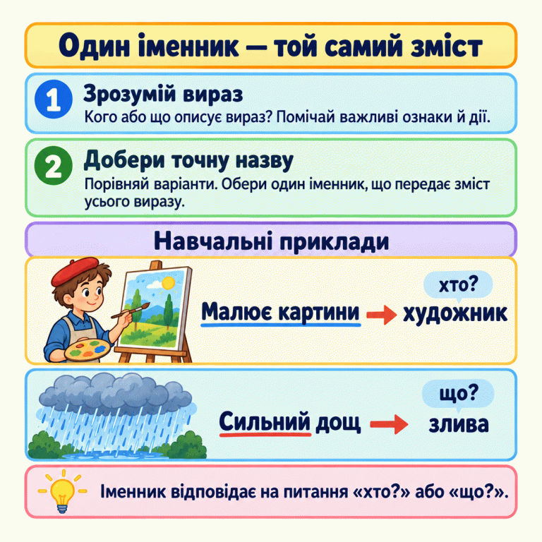Картка вчить порівнювати значення слів і замінювати весь вираз одним точним іменником. Навчальні приклади: людина малює картину — «Малює картини» замінюємо словом «художник», питання «хто?»; рясний дощ — «Сильний дощ» замінюємо словом «злива», питання «що?». Важливі ознаки та дії мають зберегтися в змісті обраної назви. Один іменник — той самий зміст Зрозумій вираз: Кого або що описує вираз? Помічай важливі ознаки й дії. Добери точну назву: Порівняй варіанти. Обери один іменник, що передає зміст усього виразу. Іменник відповідає на питання «хто?» або «що?». Навчальні приклади Малює картини художник хто? Сильний дощ злива що? 1 2
