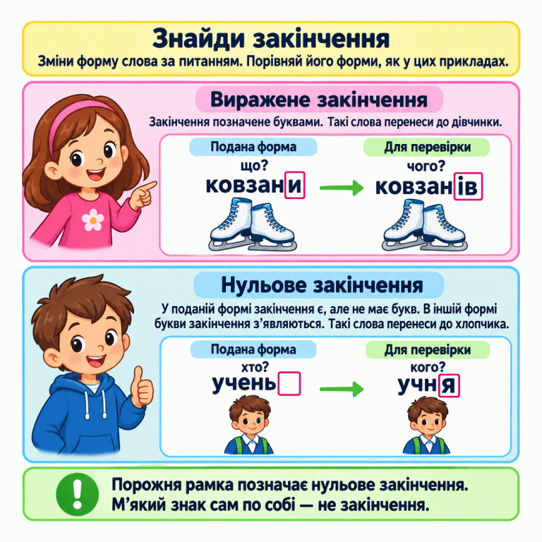 Навчальні приклади показують, як перевірити закінчення зміною форми слова. У поданому слові «ковзани» рамкою виділено закінчення «и», а у формі для перевірки «ковзанів» — «ів». Слова з вираженим закінченням переносять до дівчинки. Після поданого слова «учень» стоїть порожня рамка: закінчення нульове, а м’який знак належить до основи. Для перевірки слово змінено на «учня», де виділено закінчення «я». Подане слово з нульовим закінченням переносять до хлопчика. Знайди закінчення: Зміни форму слова за питанням. Порівняй його форми, як у цих прикладах. Виражене закінчення: Закінчення позначене буквами. Такі слова перенеси до дівчинки. Нульове закінчення: У поданій формі закінчення є, але не має букв. В іншій формі букви закінчення з’являються. Такі слова перенеси до хлопчика. Порожня рамка позначає нульове закінчення. М’який знак сам по собі — не закінчення. Подана форма Для перевірки що? ковзани чого? ковзанів хто? учень кого? учня !