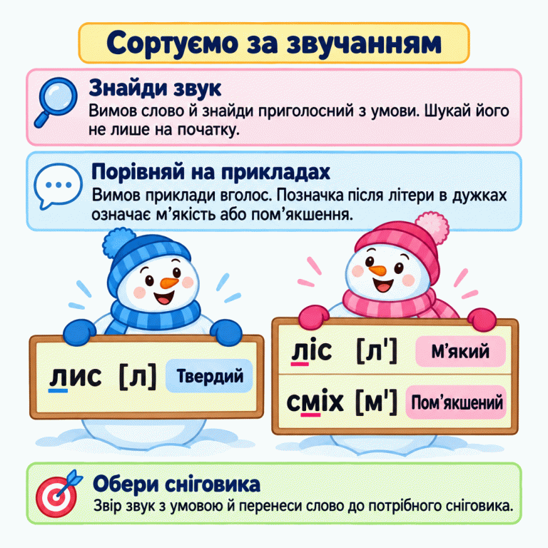 Картка навчає знайти заданий приголосний у слові, порівняти його звучання та перенести слово за умовою. Один сніговик тримає навчальний приклад «лис» із твердим [л]. Інший тримає приклади «ліс» із м’яким [л'] та «сміх» із пом’якшеним [м']. Позначка після літери в дужках означає м’якість або пом’якшення. У слові «сміх» потрібний приголосний не стоїть на початку. Сортуємо за звучанням Знайди звук: Вимов слово й знайди приголосний з умови. Шукай його не лише на початку. Порівняй на прикладах: Вимов приклади вголос. Позначка після літери в дужках означає м’якість або пом’якшення. Обери сніговика: Звір звук з умовою й перенеси слово до потрібного сніговика. лис [л] Твердий ліс [л'] М’який сміх [м'] Пом’якшений