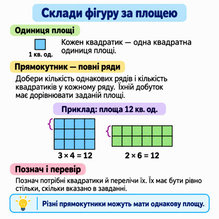 Одна клітинка — одна квадратна одиниця площі. У навчальному прикладі прямокутники зі сторонами 3 і 4 та 2 і 6 клітинок містять по 12 квадратиків. Для прямокутника добираємо кількість повних однакових рядів і клітинок у ряду. Підрахунок усіх позначених квадратиків допомагає перевірити задану площу. Склади фігуру за площею Одиниця площі: Кожен квадратик — одна квадратна одиниця площі. Прямокутник — повні ряди: Добери кількість однакових рядів і кількість квадратиків у кожному ряду. Їхній добуток має дорівнювати заданій площі. Познач і перевір: Познач потрібні квадратики й перелічи їх. Їх має бути рівно стільки, скільки вказано в завданні. Різні прямокутники можуть мати однакову площу. 1 кв. од. Приклад: площа 12 кв. од. 3 × 4 = 12 2 × 6 = 12