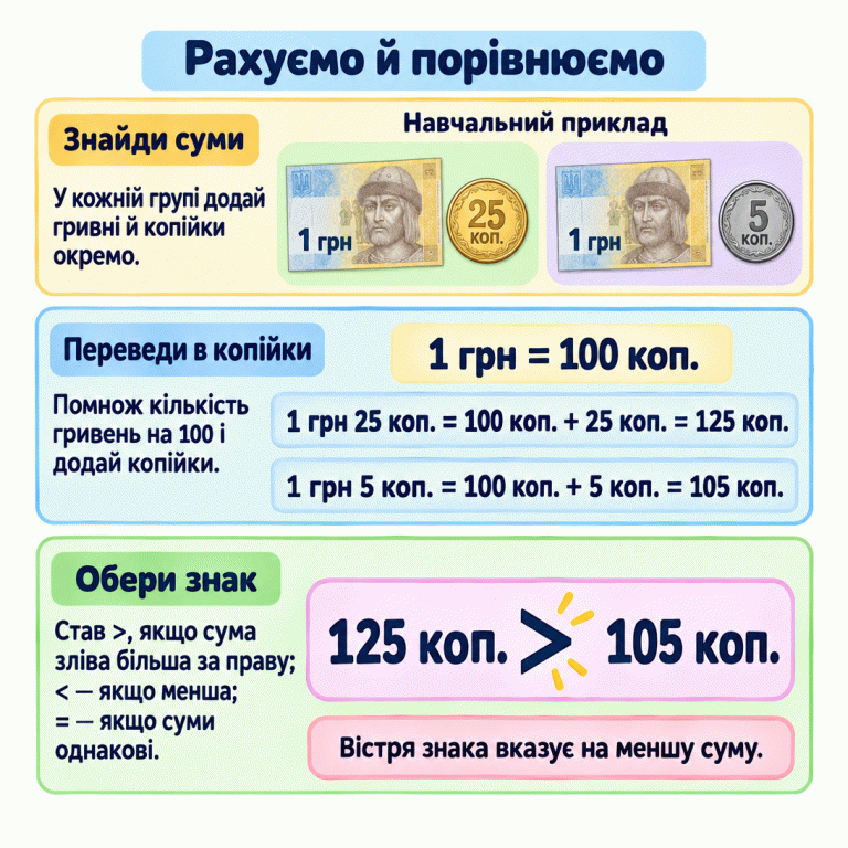Три дії: додай гривні й копійки в кожній групі окремо, переведи суми в копійки та обери знак. У навчальному прикладі купюра 1 гривня й монета 25 копійок дають 125 копійок, а купюра 1 гривня й монета 5 копійок — 105 копійок. Одна гривня дорівнює 100 копійкам. 125 копійок більше за 105 копійок. Вістря знака вказує на меншу суму; однакові суми позначають знаком дорівнює. Рахуємо й порівнюємо Знайди суми: У кожній групі додай гривні й копійки окремо. Переведи в копійки: Помнож кількість гривень на 100 і додай копійки. Обери знак: Став >, якщо сума зліва більша за праву; < — якщо менша; = — якщо суми однакові. Вістря знака вказує на меншу суму. Навчальний приклад 1 грн 25 коп. 5 коп. 1 грн = 100 коп. 1 грн 25 коп. = 100 коп. + 25 коп. = 125 коп. 1 грн 5 коп. = 100 коп. + 5 коп. = 105 коп. 125 коп. > 105 коп.