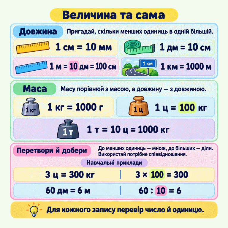 Пам’ятка про рівні величини в різних одиницях. Довжина: 1 см = 10 мм; 1 дм = 10 см; 1 м = 10 дм = 100 см; 1 км = 1000 м. Маса: 1 кг = 1000 г; 1 ц = 100 кг; 1 т = 10 ц = 1000 кг. До менших одиниць переходять множенням, до більших — діленням. Навчальні приклади: 3 ц = 300 кг, бо 3 × 100 = 300; 60 дм = 6 м, бо 60 : 10 = 6. У кожній парі величина залишається тією самою. Для кожного запису треба перевірити число й одиницю. Величина та сама Довжина: Пригадай, скільки менших одиниць в одній більшій. Маса: Масу порівнюй з масою, а довжину — з довжиною. Перетвори й добери: До менших одиниць — множ, до більших — діли. Використай потрібне співвідношення. Для кожного запису перевір число й одиницю. 1 см = 10 мм 1 дм = 10 см 1 м = 10 дм = 100 см 1 км = 1000 м 1 кг = 1000 г 1 ц = 100 кг 1 т = 10 ц = 1000 кг Навчальні приклади 3 ц = 300 кг 3 × 100 = 300 60 дм = 6 м 60 : 10 = 6 1 км 1 кг 1 ц 1 т