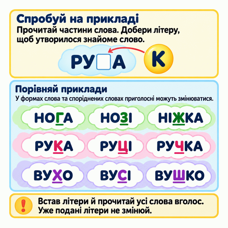 Картка пояснює, як добрати пропущену приголосну. У навчальному прикладі між РУ та А вставляємо К й отримуємо РУКА. Три ряди показують чергування: НОГА, НОЗІ, НІЖКА — Г, З, Ж; РУКА, РУЦІ, РУЧКА — К, Ц, Ч; ВУХО, ВУСІ, ВУШКО — Х, С, Ш. Приголосні, що змінюються, підкреслено. Потрібно прочитати готові частини, вставити літери й прочитати всі слова вголос, не змінюючи інших поданих літер. Спробуй на прикладі: Прочитай частини слова. Добери літеру, щоб утворилося знайоме слово. Порівняй приклади: У формах слова та споріднених словах приголосні можуть змінюватися. Встав літери й прочитай усі слова вголос. Уже подані літери не змінюй. РУ□А К НОГА НОЗІ НІЖКА РУКА РУЦІ РУЧКА ВУХО ВУСІ ВУШКО !