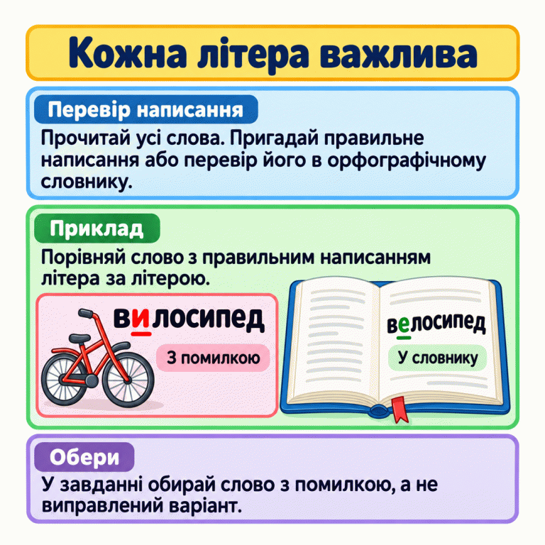 Прочитай усі слова, звір їх із правильним написанням і обери слово з помилкою. У навчальному прикладі «вилосипед» має неправильну другу літеру «и». У словнику написано «велосипед», із другою літерою «е». Відмінні літери підкреслено. Кожна літера важлива Перевір написання: Прочитай усі слова. Пригадай правильне написання або перевір його в орфографічному словнику. Приклад: Порівняй слово з правильним написанням літера за літерою. Обери: У завданні обирай слово з помилкою, а не виправлений варіант. вилосипед велосипед З помилкою У словнику