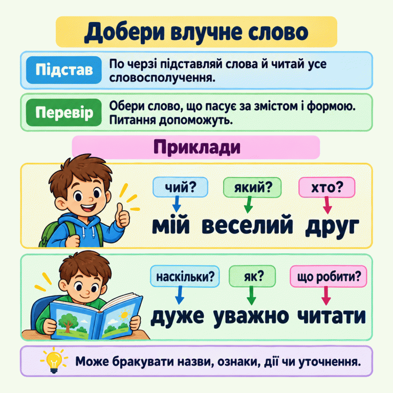 Картка радить по черзі підставляти слова та перевіряти зміст і форму всього словосполучення. У прикладі «мій веселий друг» питання «чий?», «який?», «хто?» виділяють належність, ознаку й назву особи. У прикладі «дуже уважно читати» питання «наскільки?», «як?», «що робити?» виділяють міру, спосіб і дію. Поруч зображені усміхнений хлопчик-друг і школяр, який читає книжку. Добери влучне слово Підстав: По черзі підставляй слова й читай усе словосполучення. Перевір: Обери слово, що пасує за змістом і формою. Питання допоможуть. Може бракувати назви, ознаки, дії чи уточнення. Приклади мій веселий друг чий? який? хто? дуже уважно читати наскільки? як? що робити?