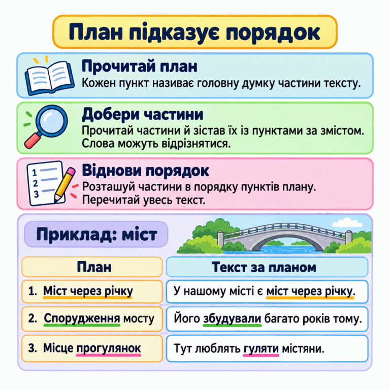 Картка пояснює: прочитай план, зістав частини з пунктами за змістом і віднови порядок. У навчальному прикладі три пункти про міст через річку, його спорудження та прогулянки стоять поруч із відповідними частинами тексту. Приклад показує, що спільна думка може бути висловлена різними словами. План підказує порядок Прочитай план: Кожен пункт називає головну думку частини тексту. Добери частини: Прочитай частини й зістав їх із пунктами за змістом. Слова можуть відрізнятися. Віднови порядок: Розташуй частини в порядку пунктів плану. Перечитай увесь текст. Приклад: міст План Текст за планом 1. Міст через річку У нашому місті є міст через річку. 2. Спорудження мосту Його збудували багато років тому. 3. Місце прогулянок Тут люблять гуляти містяни. 1 2 3