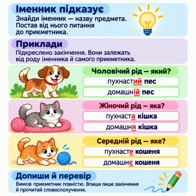Навчальні приклади трьох родів. Від слова «пес» ставимо до прикметника питання «який?»: пухнастий пес, домашній пес. Від слова «кішка» — «яка?»: пухнаста кішка, домашня кішка. Від слова «кошеня» — «яке?»: пухнасте кошеня, домашнє кошеня. У прикметниках підкреслено закінчення ий, ій, а, я, е, є. Знайди іменник, постав питання, вимов прикметник повністю та впиши лише закінчення. Іменник підказує: Знайди іменник — назву предмета. Постав від нього питання до прикметника. Приклади: Підкреслено закінчення. Вони залежать від роду іменника й самого прикметника. Допиши й перевір: Вимов прикметник повністю. Впиши лише закінчення й прочитай словосполучення. Чоловічий рід — який? пухнастий пес домашній пес Жіночий рід — яка? пухнаста кішка домашня кішка Середній рід — яке? пухнасте кошеня домашнє кошеня