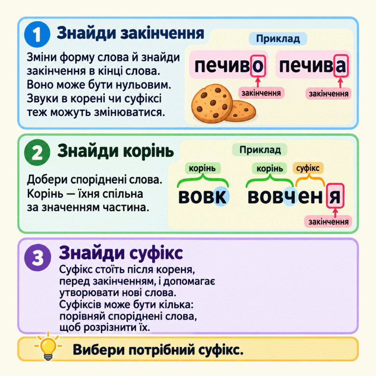 Три кроки пошуку суфікса. Зміни форму слова й знайди закінчення в його кінці: у прикладі «печиво — печива» це «о» та «а». Закінчення може бути нульовим; звуки в корені чи суфіксі теж можуть змінюватися. Порівняй споріднені слова: у прикладі «вовк — вовченя» корені «вовк» і «вовч». У слові «вовченя» суфікс «ен», закінчення «я». Суфікс допомагає утворювати нові слова. Суфіксів може бути кілька — розрізняй їх, порівнюючи споріднені слова. Знайди закінчення: Зміни форму слова й знайди закінчення в кінці слова. Воно може бути нульовим. Звуки в корені чи суфіксі теж можуть змінюватися. Знайди корінь: Добери споріднені слова. Корінь — їхня спільна за значенням частина. Знайди суфікс: Суфікс стоїть після кореня, перед закінченням, і допомагає утворювати нові слова. Суфіксів може бути кілька: порівняй споріднені слова, щоб розрізнити їх. Вибери потрібний суфікс. Приклад печиво печива вовк вовченя закінчення корінь суфікс 1 2 3