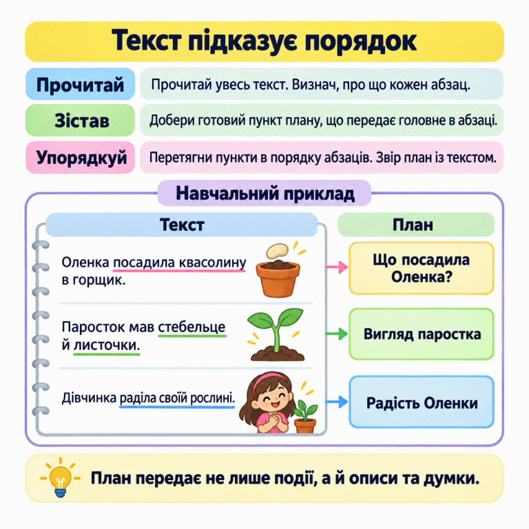 Картка пояснює три дії: прочитати текст, зіставити головне в абзацах із готовими пунктами та впорядкувати пункти за текстом. У навчальному прикладі абзаци про посадку квасолини, вигляд паростка й радість Оленки стоять поруч із відповідними пунктами плану в тому самому порядку. Опис також має своє місце в плані. Текст підказує порядок Прочитай: Прочитай увесь текст. Визнач, про що кожен абзац. Зістав: Добери готовий пункт плану, що передає головне в абзаці. Упорядкуй: Перетягни пункти в порядку абзаців. Звір план із текстом. План передає не лише події, а й описи та думки. Навчальний приклад Текст План Оленка посадила квасолину в горщик. Паросток мав стебельце й листочки. Дівчинка раділа своїй рослині. Що посадила Оленка? Вигляд паростка Радість Оленки