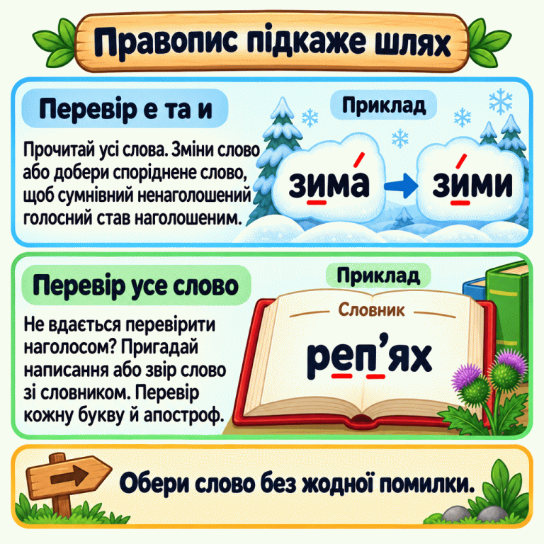 Картка пояснює, як знайти слово без помилки. У прикладі зима́ — зи́ми наголос допомагає перевірити букву и. У словнику показано правильний запис реп’ях з е та апострофом. Потрібно прочитати всі варіанти, перевірити ціле слово й обрати слово без жодної помилки. Правопис підкаже шлях Перевір е та и: Прочитай усі слова. Зміни слово або добери споріднене слово, щоб сумнівний ненаголошений голосний став наголошеним. Перевір усе слово: Не вдається перевірити наголосом? Пригадай написання або звір слово зі словником. Перевір кожну букву й апостроф. Обери слово без жодної помилки. Приклад зима́ зи́ми Словник реп’ях