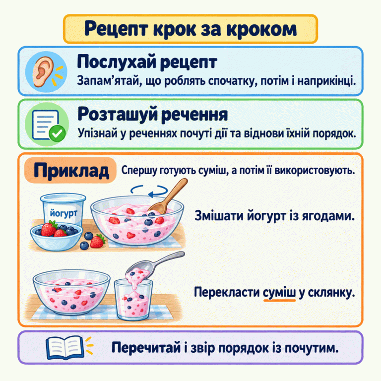 Картка радить послухати рецепт, упізнати дії в реченнях і відновити почутий порядок. У навчальному прикладі спочатку змішують йогурт із ягодами, а потім перекладають готову суміш у склянку. Унизу — нагадування перечитати та перевірити послідовність. Рецепт крок за кроком Послухай рецепт: Запам’ятай, що роблять спочатку, потім і наприкінці. Розташуй речення: Упізнай у реченнях почуті дії та віднови їхній порядок. Приклад: Спершу готують суміш, а потім її використовують. Перечитай і звір порядок із почутим. Змішати йогурт із ягодами. Перекласти суміш у склянку. ✓ йогурт