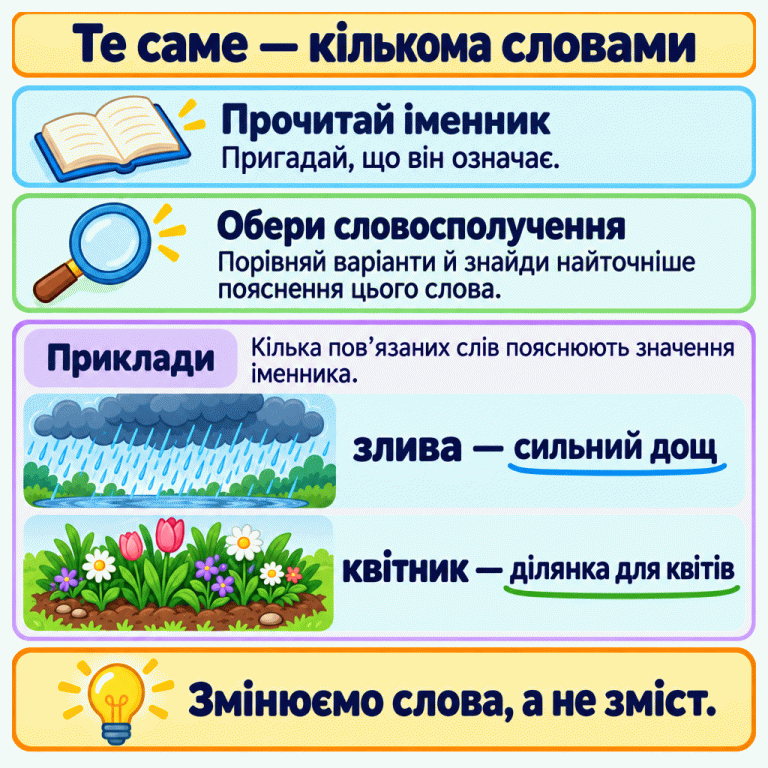 Картка пояснює: прочитай іменник, пригадай його значення та порівняй запропоновані пояснення. У навчальних прикладах рясний дощ підписано «злива — сильний дощ», а квіти, що ростуть на ділянці землі, — «квітник — ділянка для квітів». Кілька пов’язаних слів пояснюють іменник, не змінюючи змісту. Те саме — кількома словами Прочитай іменник: Пригадай, що він означає. Обери словосполучення: Порівняй варіанти й знайди найточніше пояснення цього слова. Приклади: Кілька пов’язаних слів пояснюють значення іменника. Змінюємо слова, а не зміст. злива — сильний дощ квітник — ділянка для квітів