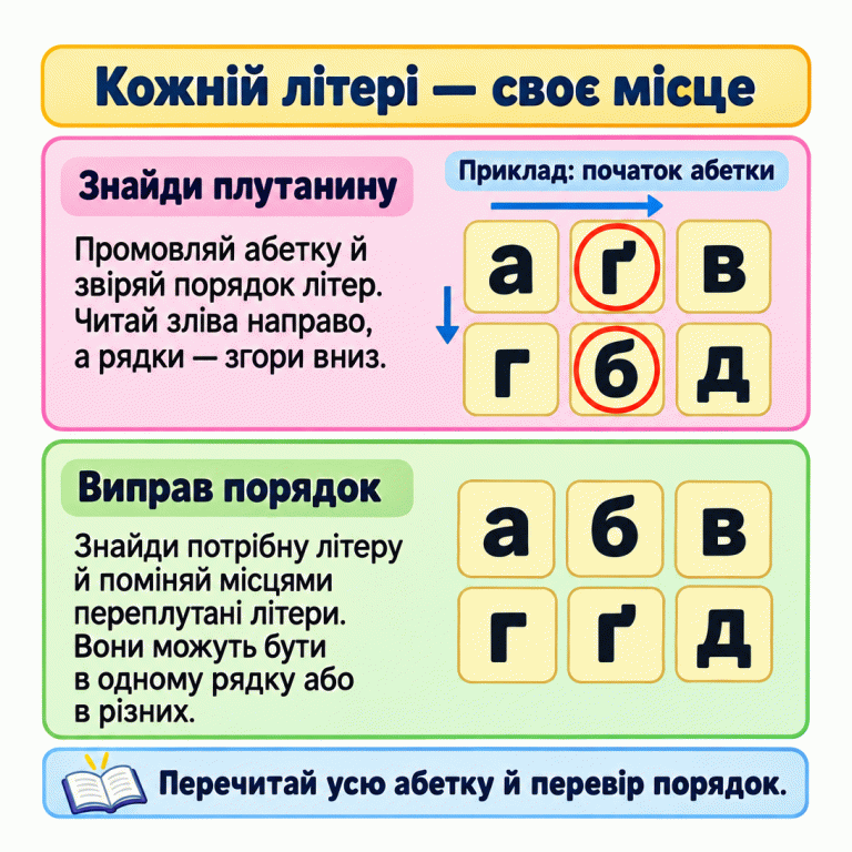 Навчальний приклад із початком абетки. Спочатку в першому рядку стоять а, ґ, в, а в другому — г, б, д. Після обміну б і ґ рядки стають а, б, в та г, ґ, д. Промовляй абетку й перевіряй порядок зліва направо, рядок за рядком згори вниз. Переплутані літери можуть бути в одному або різних рядках. Наприкінці перечитай усю абетку. Кожній літері — своє місце Знайди плутанину: Промовляй абетку й звіряй порядок літер. Читай зліва направо, а рядки — згори вниз. Виправ порядок: Знайди потрібну літеру й поміняй місцями переплутані літери. Вони можуть бути в одному рядку або в різних. Перечитай усю абетку й перевір порядок. Приклад: початок абетки а б в г ґ д
