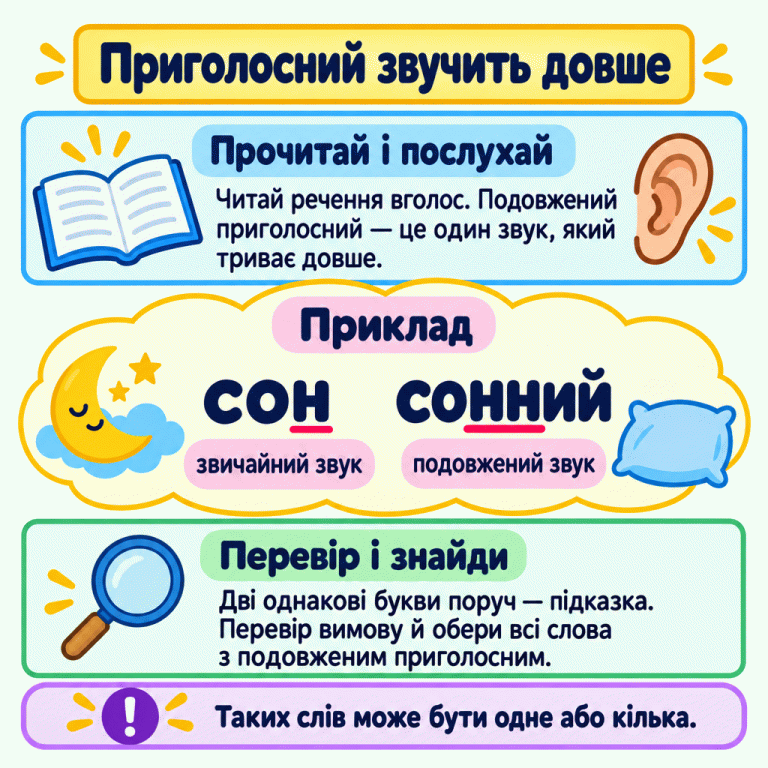 Читай речення вголос і слухай, де приголосний звучить довше. У навчальному прикладі одна н у слові «сон» позначає звичайний звук, а нн у слові «сонний» — один подовжений звук. Дві однакові букви поруч є підказкою. Перевір вимову й обери всі відповідні слова: їх може бути одне або кілька. Приголосний звучить довше Прочитай і послухай: Читай речення вголос. Подовжений приголосний — це один звук, який триває довше. Перевір і знайди: Дві однакові букви поруч — підказка. Перевір вимову й обери всі слова з подовженим приголосним. Таких слів може бути одне або кілька. Приклад сон сонний звичайний звук подовжений звук !