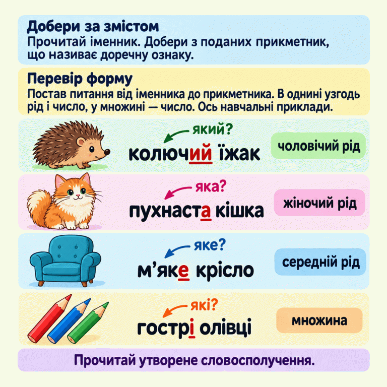 Картка навчає добирати прикметник до іменника за змістом і перевіряти форму за питанням. Навчальні приклади: «колючий їжак» — питання «який?», чоловічий рід; «пухнаста кішка» — «яка?», жіночий рід; «м’яке крісло» — «яке?», середній рід; «гострі олівці» — «які?», множина. На малюнках видно голки їжака, пухнасте хутро кішки, м’які сидіння та спинку крісла, загострені кінчики кількох олівців. В однині узгоджують рід і число, у множині — число. Добери за змістом: Прочитай іменник. Добери з поданих прикметник, що називає доречну ознаку. Перевір форму: Постав питання від іменника до прикметника. В однині узгодь рід і число, у множині — число. Ось навчальні приклади. Прочитай утворене словосполучення. колючий їжак який? чоловічий рід пухнаста кішка яка? жіночий рід м’яке крісло яке? середній рід гострі олівці які? множина