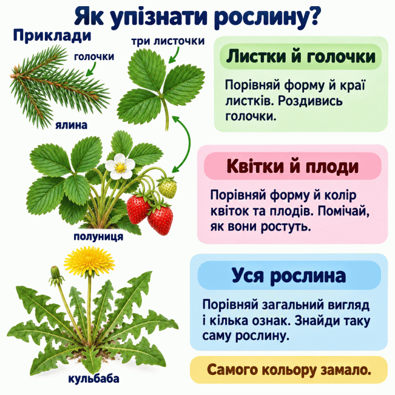 Навчальні приклади показують гілочку ялини з голочками, листок полуниці з трьох листочків, полуницю з квіткою та плодами і цілу кульбабу із зубчастими листками. Картка радить порівнювати форму, колір, будову частин і загальний вигляд рослини. Самого кольору замало. Як упізнати рослину? Листки й голочки: Порівняй форму й краї листків. Роздивись голочки. Квітки й плоди: Порівняй форму й колір квіток та плодів. Помічай, як вони ростуть. Уся рослина: Порівняй загальний вигляд і кілька ознак. Знайди таку саму рослину. Самого кольору замало. Приклади ялина голочки три листочки полуниця кульбаба