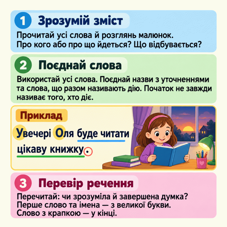 Три секції пояснюють, як зрозуміти зміст, поєднати всі подані слова та перевірити завершеність речення, великі букви й крапку. Навчальний приклад: «Увечері Оля буде читати цікаву книжку.» Поруч дівчинка готується читати книжку ввечері. Акценти виділяють великі букви, кінцеву крапку та пов’язані сполуки «буде читати» і «цікаву книжку». Зрозумій зміст: Прочитай усі слова й розглянь малюнок. Про кого або про що йдеться? Що відбувається? Поєднай слова: Використай усі слова. Поєднай назви з уточненнями та слова, що разом називають дію. Початок не завжди називає того, хто діє. Перевір речення: Перечитай: чи зрозуміла й завершена думка? Перше слово та імена — з великої букви. Слово з крапкою — у кінці. Приклад Увечері Оля буде читати цікаву книжку. 1 2 3