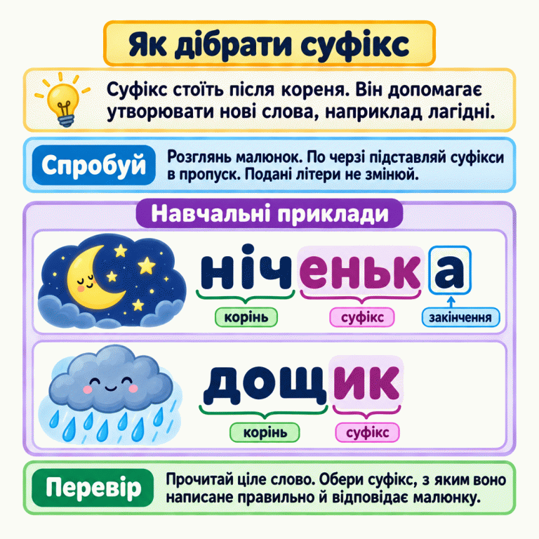 Картка пояснює, як добирати суфікс: підставляти варіанти в пропуск, не змінювати подані літери й перевіряти ціле слово за написанням і малюнком. У навчальному прикладі «ніченька» корінь — «ніч», суфікс — «еньк», закінчення — «а». У прикладі «дощик» корінь — «дощ», суфікс — «ик»; окремих літер після нього немає. Біля слів зображено ніч і дощ. Як дібрати суфікс Спробуй: Розглянь малюнок. По черзі підставляй суфікси в пропуск. Подані літери не змінюй. Перевір: Прочитай ціле слово. Обери суфікс, з яким воно написане правильно й відповідає малюнку. Суфікс стоїть після кореня. Він допомагає утворювати нові слова, наприклад лагідні. Навчальні приклади ніченька дощик корінь суфікс закінчення