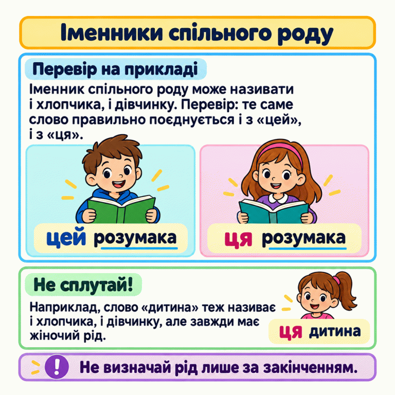 Картка про іменники спільного роду. Під хлопчиком написано «цей розумака», під дівчинкою — «ця розумака»: іменник не змінюється, а узгодження змінюється. Нижче пояснено, що слово «дитина» теж може називати хлопчика й дівчинку, але має жіночий рід; наведено приклад «ця дитина». Нагадування: не визначай рід лише за закінченням. Іменники спільного роду Перевір на прикладі: Іменник спільного роду може називати і хлопчика, і дівчинку. Перевір: те саме слово правильно поєднується і з «цей», і з «ця». Не сплутай!: Наприклад, слово «дитина» теж називає і хлопчика, і дівчинку, але завжди має жіночий рід. Не визначай рід лише за закінченням. цей розумака ця розумака ця дитина !