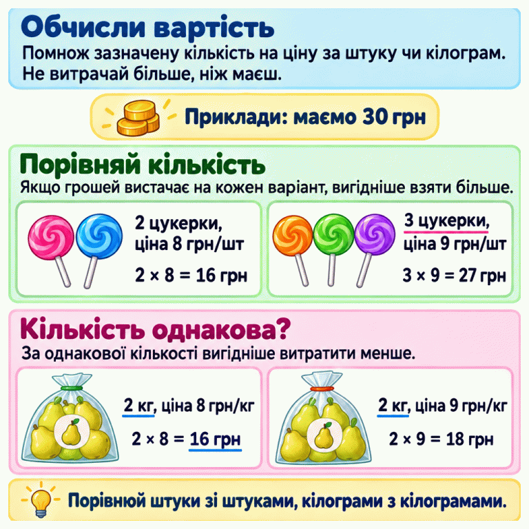 Два окремі навчальні приклади з бюджетом 30 грн. Дві цукерки по 8 грн коштують 16 грн, а три по 9 грн — 27 грн: на кожну зазначену покупку грошей вистачає, і три цукерки — більша кількість. Два пакунки груш мають по 2 кг. За ціною 8 грн за кілограм покупка коштує 16 грн, а за ціною 9 грн — 18 грн. За однакової маси вигідніше витратити 16 грн. Картка нагадує множити кількість на ціну, перевіряти бюджет і порівнювати однакові одиниці. Обчисли вартість: Помнож зазначену кількість на ціну за штуку чи кілограм. Не витрачай більше, ніж маєш. Порівняй кількість: Якщо грошей вистачає на кожен варіант, вигідніше взяти більше. Кількість однакова?: За однакової кількості вигідніше витратити менше. Порівнюй штуки зі штуками, кілограми з кілограмами. Приклади: маємо 30 грн 2 цукерки, ціна 8 грн/шт 2 × 8 = 16 грн 3 цукерки, ціна 9 грн/шт 3 × 9 = 27 грн 2 кг, ціна 8 грн/кг 2 кг, ціна 9 грн/кг 2 × 9 = 18 грн