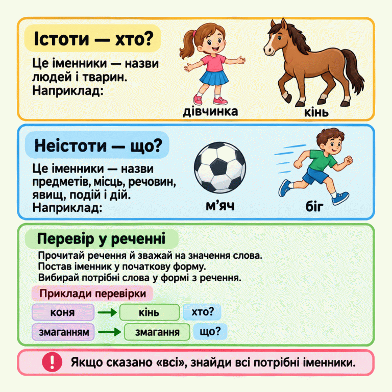 Три навчальні секції пояснюють істоти й неістоти. Істоти — іменники, що називають людей і тварин: дівчинка, кінь. Неістоти називають предмети, місця, речовини, явища, події та дії; наведено м’яч і біг. Для перевірки потрібно прочитати речення, врахувати значення іменника та поставити його в початкову форму. Приклади: коня — кінь, хто?; змаганням — змагання, що? Вибирають слова у формах із речення. Якщо сказано «всі», знаходять усі потрібні іменники. Істоти — хто?: Це іменники — назви людей і тварин. Наприклад: Неістоти — що?: Це іменники — назви предметів, місць, речовин, явищ, подій і дій. Наприклад: Перевір у реченні: Прочитай речення й зважай на значення слова. Постав іменник у початкову форму. Вибирай потрібні слова у формі з речення. Якщо сказано «всі», знайди всі потрібні іменники. дівчинка кінь м’яч біг Приклади перевірки коня хто? змаганням змагання що? !