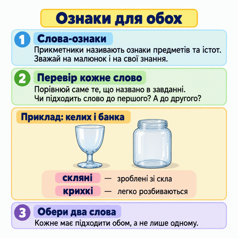Прикметники називають ознаки. Перевір кожне слово для обох названих предметів, істот або їхніх частин, спираючись на малюнок і свої знання. Обери два слова, що підходять обом. У навчальному прикладі келих і банка скляні — зроблені зі скла, та крихкі — легко розбиваються. Ознаки для обох Слова-ознаки: Прикметники називають ознаки предметів та істот. Зважай на малюнок і на свої знання. Перевір кожне слово: Порівнюй саме те, що названо в завданні. Чи підходить слово до першого? А до другого? Обери два слова: Кожне має підходити обом, а не лише одному. Приклад: келих і банка скляні зроблені зі скла крихкі легко розбиваються 1 2 — — 3