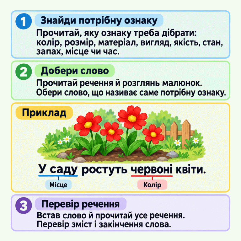 Три кроки: знайди потрібну ознаку в умові, добери слово за змістом речення й малюнком, перевір зміст і закінчення слова. Ознаки можуть стосуватися кольору, розміру, матеріалу, вигляду, якості, стану, запаху, місця або часу. У навчальному прикладі намальовано кілька червоних квітів. У реченні «У саду ростуть червоні квіти» слово «червоні» називає колір, а фраза «У саду» — місце дії. Знайди потрібну ознаку: Прочитай, яку ознаку треба дібрати: колір, розмір, матеріал, вигляд, якість, стан, запах, місце чи час. Добери слово: Прочитай речення й розглянь малюнок. Обери слово, що називає саме потрібну ознаку. Перевір речення: Встав слово й прочитай усе речення. Перевір зміст і закінчення слова. Приклад У саду ростуть червоні квіти. Місце Колір 1 2 3