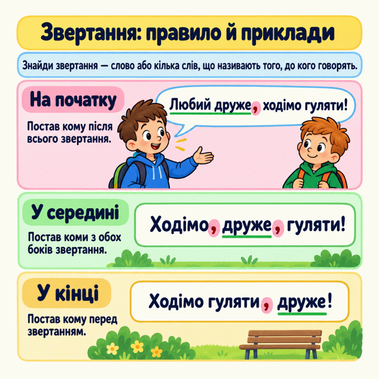 Три навчальні приклади виділення звертання. «Любий друже, ходімо гуляти!» — кома після всього звертання з двох слів. «Ходімо, друже, гуляти!» — коми з обох боків звертання. «Ходімо гуляти, друже!» — кома перед звертанням у кінці. Звертання підкреслені, коми помітно виділені. Біля першого прикладу один школяр звертається до іншого. Звертання: правило й приклади На початку: Постав кому після всього звертання. У середині: Постав коми з обох боків звертання. У кінці: Постав кому перед звертанням. Знайди звертання — слово або кілька слів, що називають того, до кого говорять. Любий друже, ходімо гуляти! Ходімо, друже, гуляти! Ходімо гуляти, друже!