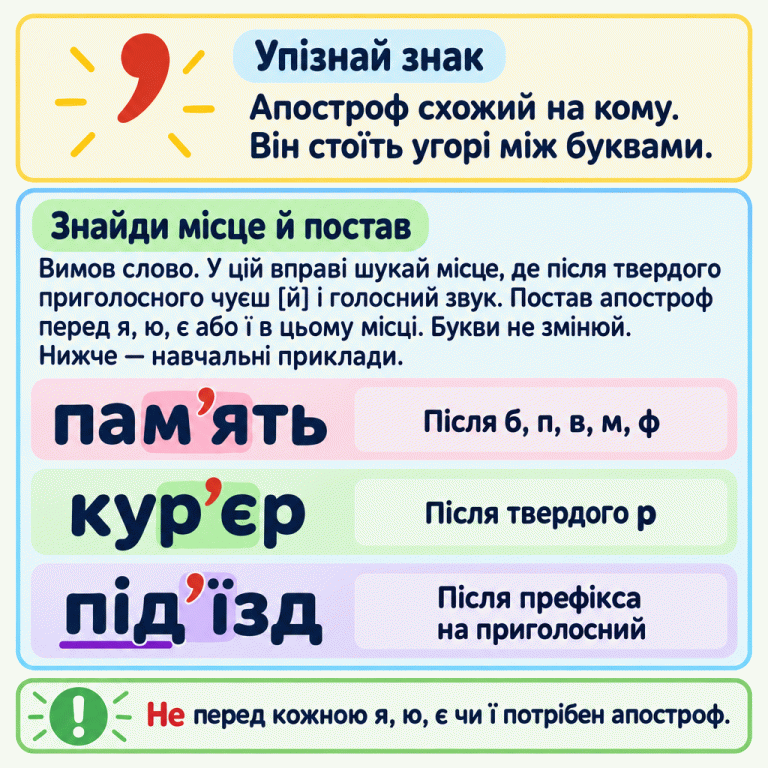 Картка показує апостроф як комоподібний знак угорі між буквами. Для слів цієї вправи пропонується вимовити слово й знайти місце, де після твердого приголосного чується й і голосний звук. Навчальні приклади: пам’ять — після губного м перед я; кур’єр — після твердого р перед є; під’їзд — після префікса під перед ї. Букви не змінюють. Нагадування: не перед кожною я, ю, є чи ї потрібен апостроф. Упізнай знак: Апостроф схожий на кому. Він стоїть угорі між буквами. Знайди місце й постав: Вимов слово. У цій вправі шукай місце, де після твердого приголосного чуєш [й] і голосний звук. Постав апостроф перед я, ю, є або ї в цьому місці. Букви не змінюй. Нижче — навчальні приклади. Не перед кожною я, ю, є чи ї потрібен апостроф. ’ пам’ять Після б, п, в, м, ф кур’єр Після твердого р під’їзд Після префікса на приголосний !