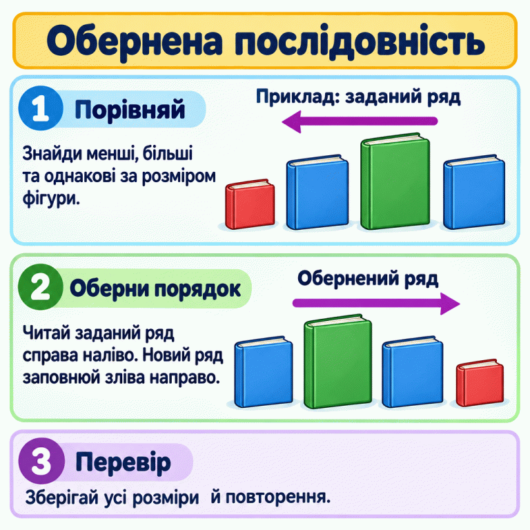 Навчальний приклад із книжками. У заданому ряду зліва направо: мала, середня, велика, середня книжка. В оберненому ряду: середня, велика, середня, мала. Заданий ряд переглядаємо справа наліво, а новий заповнюємо зліва направо. Усі розміри та повторення збережено. Обернена послідовність Порівняй: Знайди менші, більші та однакові за розміром фігури. Оберни порядок: Читай заданий ряд справа наліво. Новий ряд заповнюй зліва направо. Перевір: Зберігай усі розміри й повторення. Приклад: заданий ряд Обернений ряд 1 2 3