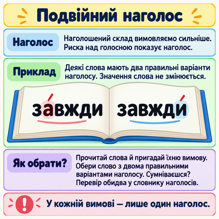 Картка пояснює подвійний наголос. На розвороті книжки показано «за́вжди» з наголосом на першому складі та «завжди́» з наголосом на другому. Обидві вимови правильні й мають те саме значення; у кожній вимові лише один наголос. Щоб обрати слово у вправі, потрібно пригадати правильну вимову, а за сумніву перевірити обидва варіанти у словнику наголосів. Подвійний наголос Наголос: Наголошений склад вимовляємо сильніше. Риска над голосною показує наголос. Приклад: Деякі слова мають два правильні варіанти наголосу. Значення слова не змінюється. Як обрати?: Прочитай слова й пригадай їхню вимову. Обери слово з двома правильними варіантами наголосу. Сумніваєшся? Перевір обидва у словнику наголосів. У кожній вимові — лише один наголос. за́вжди завжди́ !