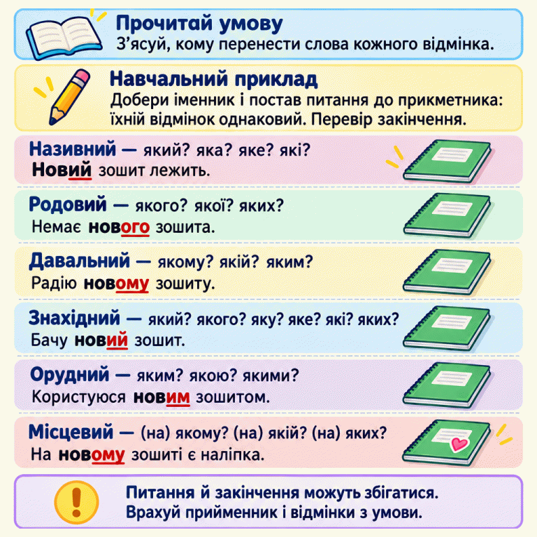 Прочитай умову й з’ясуй, кому перенести слова. Прикметник та іменник мають однаковий відмінок. Навчальний приклад із зошитом: називний — який? яка? яке? які? — «Новий зошит лежить». Родовий — якого? якої? яких? — «Немає нового зошита». Давальний — якому? якій? яким? — «Радію новому зошиту». Знахідний — який? якого? яку? яке? які? яких? — «Бачу новий зошит». Орудний — яким? якою? якими? — «Користуюся новим зошитом». Місцевий — на якому? на якій? на яких? — «На новому зошиті є наліпка». Закінчення прикметників підкреслені. Форма «новий» повторюється в називному та знахідному, а «новому» — у давальному та місцевому. Питання й закінчення можуть збігатися. Врахуй прийменник і відмінки з умови. Прочитай умову: З’ясуй, кому перенести слова кожного відмінка. Навчальний приклад: Добери іменник і постав питання до прикметника: їхній відмінок однаковий. Перевір закінчення. Питання й закінчення можуть збігатися. Врахуй прийменник і відмінки з умови. Називний — який? яка? яке? які? Новий зошит лежить. Родовий — якого? якої? яких? Немає нового зошита. Давальний — якому? якій? яким? Радію новому зошиту. Знахідний — який? якого? яку? яке? які? яких? Бачу новий зошит. Орудний — яким? якою? якими? Користуюся новим зошитом. Місцевий — (на) якому? (на) якій? (на) яких? На новому зошиті є наліпка. !