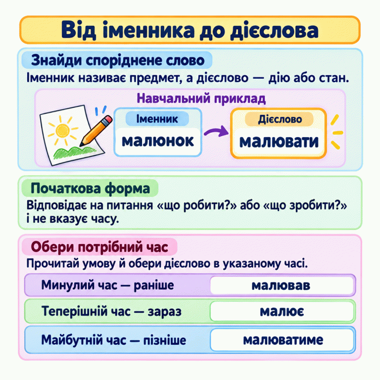 Навчальний приклад: іменник «малюнок» і споріднене дієслово «малювати». Початкова форма відповідає на питання «що робити?» або «що зробити?» і не вказує часу. Минулий час: раніше — «малював». Теперішній час: зараз — «малює». Майбутній час: пізніше — «малюватиме». Обирай дієслово в тому часі, який указано в завданні. Від іменника до дієслова Знайди споріднене слово: Іменник називає предмет, а дієслово — дію або стан. Початкова форма: Відповідає на питання «що робити?» або «що зробити?» і не вказує часу. Обери потрібний час: Прочитай умову й обери дієслово в указаному часі. Навчальний приклад Іменник малюнок Дієслово малювати Минулий час — раніше малював Теперішній час — зараз малює Майбутній час — пізніше малюватиме