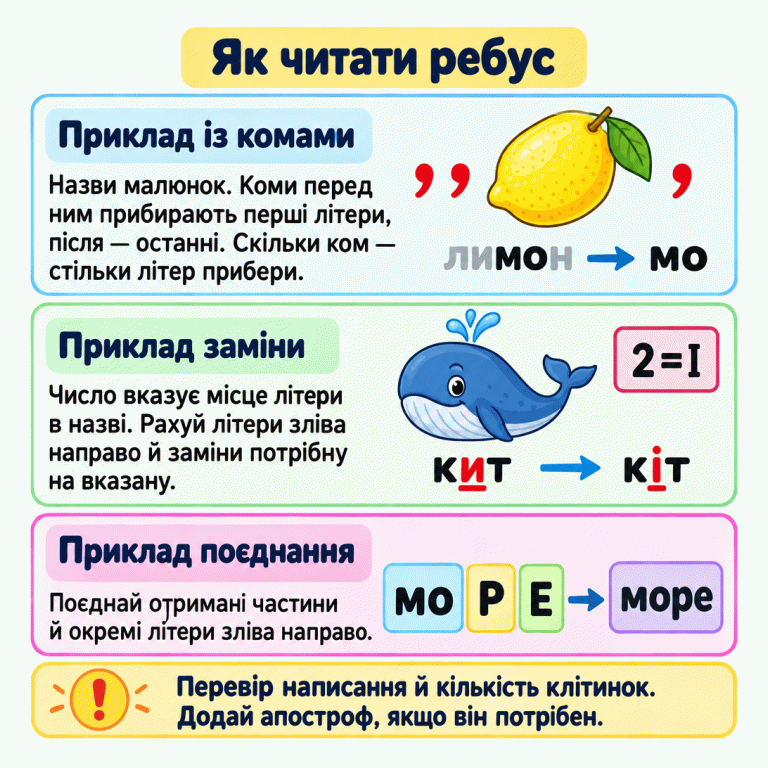 Картка пояснює читання ребусів на навчальних прикладах. Дві коми перед лимоном та одна після нього прибирають «ли» й «н» зі слова «лимон», залишаючи «мо». Запис «2=І» замінює другу літеру в назві «кит» і дає «кіт». Частина «мо» та літери «Р», «Е» поєднуються у слово «море». Нагадування радить перевірити написання, апостроф за потреби й кількість клітинок. Як читати ребус Приклад із комами: Назви малюнок. Коми перед ним прибирають перші літери, після — останні. Скільки ком — стільки літер прибери. Приклад заміни: Число вказує місце літери в назві. Рахуй літери зліва направо й заміни потрібну на вказану. Приклад поєднання: Поєднай отримані частини й окремі літери зліва направо. Перевір написання й кількість клітинок. Додай апостроф, якщо він потрібен. , лимон мо кит 2=І кіт Р Е море !