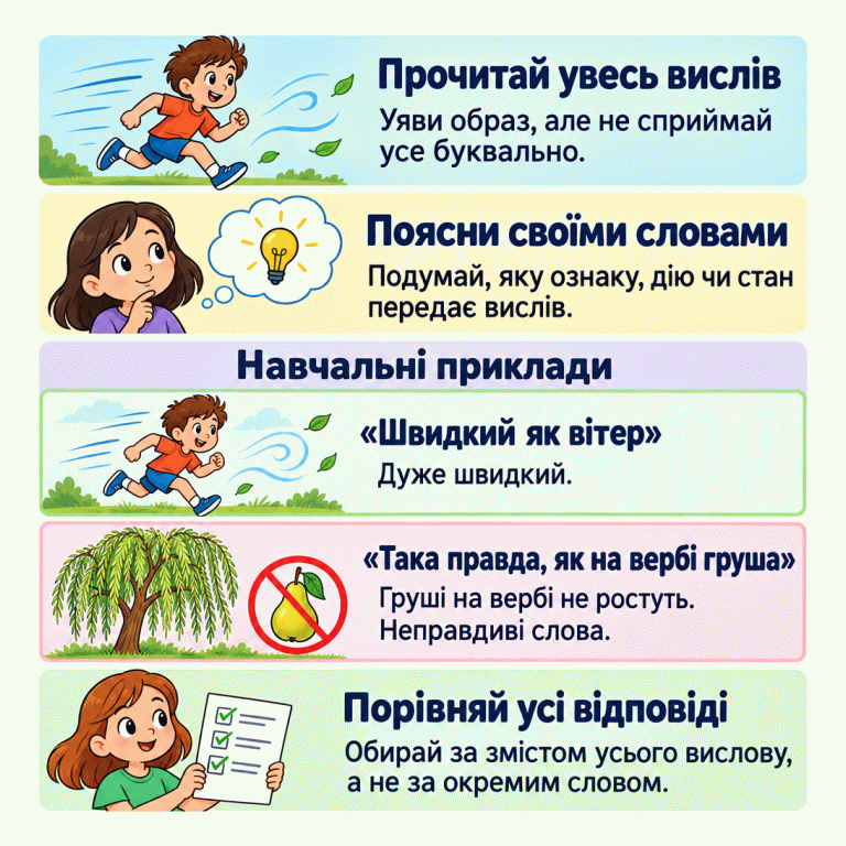 Картка вчить прочитати весь вислів, уявити образ, пояснити значення своїми словами та порівняти всі відповіді. Навчальні приклади: «Швидкий як вітер» означає дуже швидкий; «Така правда, як на вербі груша» означає неправдиві слова, адже груші на вербі не ростуть. Вибирати потрібно за змістом усього вислову, а не за окремим словом. Прочитай увесь вислів: Уяви образ, але не сприймай усе буквально. Поясни своїми словами: Подумай, яку ознаку, дію чи стан передає вислів. Порівняй усі відповіді: Обирай за змістом усього вислову, а не за окремим словом. Навчальні приклади «Швидкий як вітер» Дуже швидкий. «Така правда, як на вербі груша» Груші на вербі не ростуть. Неправдиві слова. ✓ ✓ ✓