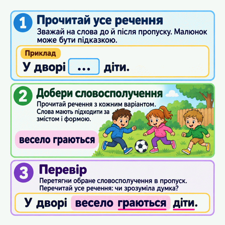 Три кроки: прочитай усе речення, добери словосполучення за змістом і формою слів, встав та перечитай. Навчальний приклад: «У дворі … діти.». Малюнок показує дітей, які граються надворі. Словосполучення «весело граються» вставляють у пропуск. Виходить речення «У дворі весело граються діти.». Вставлену групу слів виділено, а слова «граються» та «діти» підкреслено. Прочитай усе речення: Зважай на слова до й після пропуску. Малюнок може бути підказкою. Добери словосполучення: Прочитай речення з кожним варіантом. Слова мають підходити за змістом і формою. Перевір: Перетягни обране словосполучення в пропуск. Перечитай усе речення: чи зрозуміла думка? Приклад У дворі … діти. весело граються 1 2 3