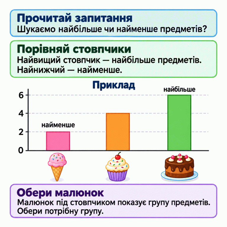 Навчальний приклад: три стовпчики показують кількості 2, 4 і 6 на спільній шкалі від нуля. Найнижчий позначено «найменше», найвищий — «найбільше». Малюнки солодощів під стовпчиками позначають групи предметів. Прочитай запитання й обери малюнок під потрібним стовпчиком. Прочитай запитання: Шукаємо найбільше чи найменше предметів? Порівняй стовпчики: Найвищий стовпчик — найбільше предметів. Найнижчий — найменше. Обери малюнок: Малюнок під стовпчиком показує групу предметів. Обери потрібну групу. Приклад 2 4 6 найменше найбільше
