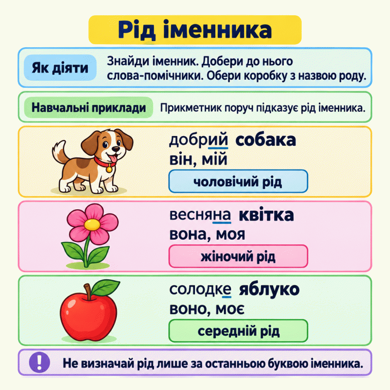 Картка пояснює, як визначити рід іменника: знайти іменник, дібрати слова-помічники й обрати коробку з назвою роду. Три навчальні приклади: добрий собака — він, мій — чоловічий рід; весняна квітка — вона, моя — жіночий рід; солодке яблуко — воно, моє — середній рід. Іменники виділені, а закінчення прикметників підкреслені як підказки. Нагадування: не визначай рід лише за останньою буквою іменника. Рід іменника Як діяти: Знайди іменник. Добери до нього слова-помічники. Обери коробку з назвою роду. Навчальні приклади: Прикметник поруч підказує рід іменника. Не визначай рід лише за останньою буквою іменника. добрий собака він, мій чоловічий рід весняна квітка вона, моя жіночий рід солодке яблуко воно, моє середній рід !