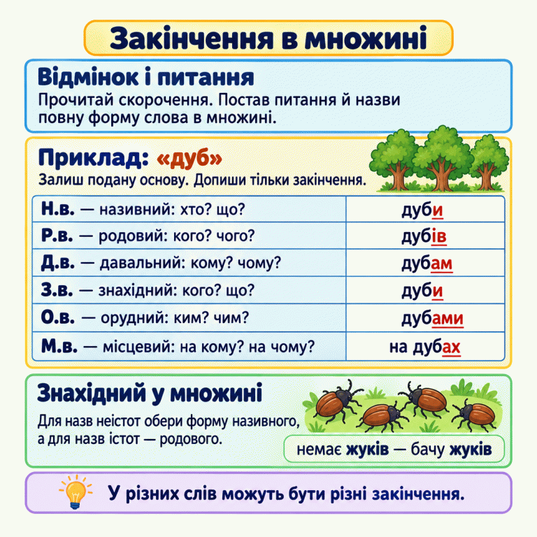 Пам’ятка радить визначити відмінок, поставити питання, назвати повну форму слова у множині й дописати лише закінчення. Навчальний приклад «дуб»: називний — дуби, родовий — дубів, давальний — дубам, знахідний — дуби, орудний — дубами, місцевий — на дубах. Закінчення підкреслено. Для назв неістот знахідний множини має форму називного, а для назв істот — родового: немає жуків — бачу жуків. Зображено кілька дубів і жуків. Нагадування: у різних слів можуть бути різні закінчення. Закінчення в множині Відмінок і питання: Прочитай скорочення. Постав питання й назви повну форму слова в множині. Приклад: «дуб»: Залиш подану основу. Допиши тільки закінчення. Знахідний у множині: Для назв неістот обери форму називного, а для назв істот — родового. У різних слів можуть бути різні закінчення. Н.в. — називний: хто? що? Р.в. — родовий: кого? чого? Д.в. — давальний: кому? чому? З.в. — знахідний: кого? що? О.в. — орудний: ким? чим? М.в. — місцевий: на кому? на чому? дуби дубів дубам дубами на дубах немає жуків — бачу жуків
