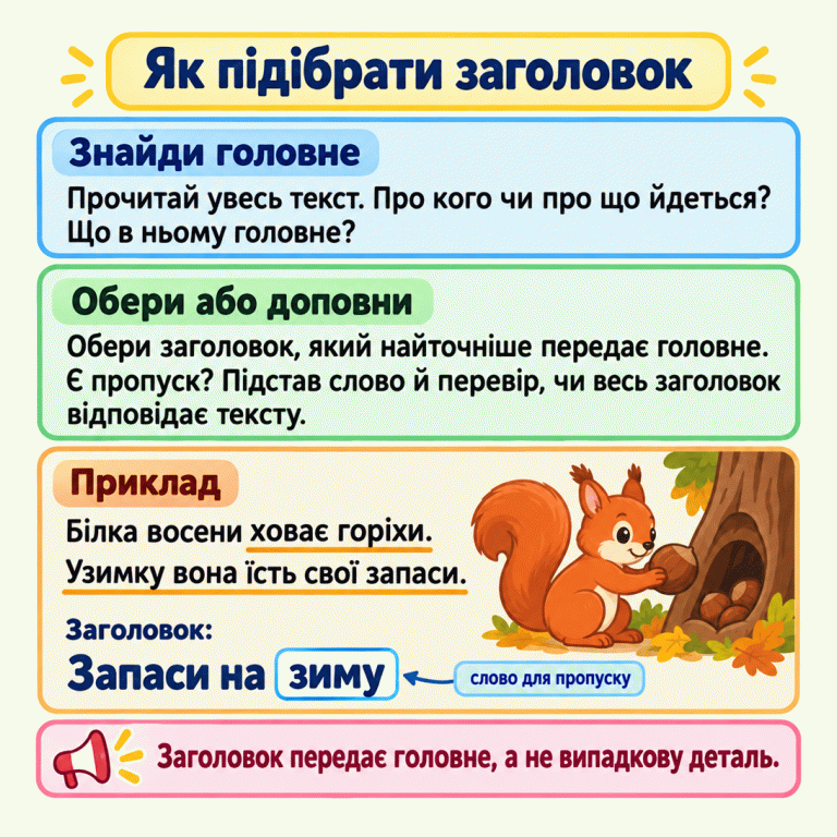 Прочитай увесь текст, визнач, про кого чи про що йдеться та що головне. Обери найточніший заголовок. Якщо є пропуск, підстав слово й перевір всю назву. У навчальному прикладі білка ховає горіхи восени й їсть запаси взимку. Заголовок — «Запаси на зиму», де «зиму» є словом для пропуску. Заголовок передає головне, а не випадкову деталь. Як підібрати заголовок Знайди головне: Прочитай увесь текст. Про кого чи про що йдеться? Що в ньому головне? Обери або доповни: Обери заголовок, який найточніше передає головне. Є пропуск? Підстав слово й перевір, чи весь заголовок відповідає тексту. Приклад: Білка восени ховає горіхи. Узимку вона їсть свої запаси. Заголовок передає головне, а не випадкову деталь. Заголовок: Запаси на зиму слово для пропуску