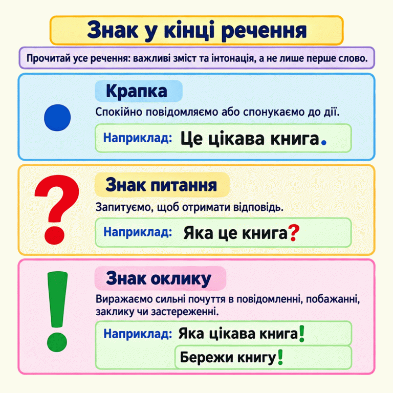 Картка пояснює вибір знака в кінці речення за змістом та інтонацією. Крапка — для спокійного повідомлення або спонукання: «Це цікава книга.» Знак питання — коли запитуємо для отримання відповіді: «Яка це книга?» Знак оклику — для сильних почуттів у повідомленні, побажанні, заклику чи застереженні: «Яка цікава книга!» і «Бережи книгу!» Нагадування радить читати все речення, а не орієнтуватися лише на перше слово. Знак у кінці речення Крапка: Спокійно повідомляємо або спонукаємо до дії. Знак питання: Запитуємо, щоб отримати відповідь. Знак оклику: Виражаємо сильні почуття в повідомленні, побажанні, заклику чи застереженні. Прочитай усе речення: важливі зміст та інтонація, а не лише перше слово. . ? ! Наприклад: Це цікава книга. Яка це книга? Яка цікава книга! Бережи книгу!