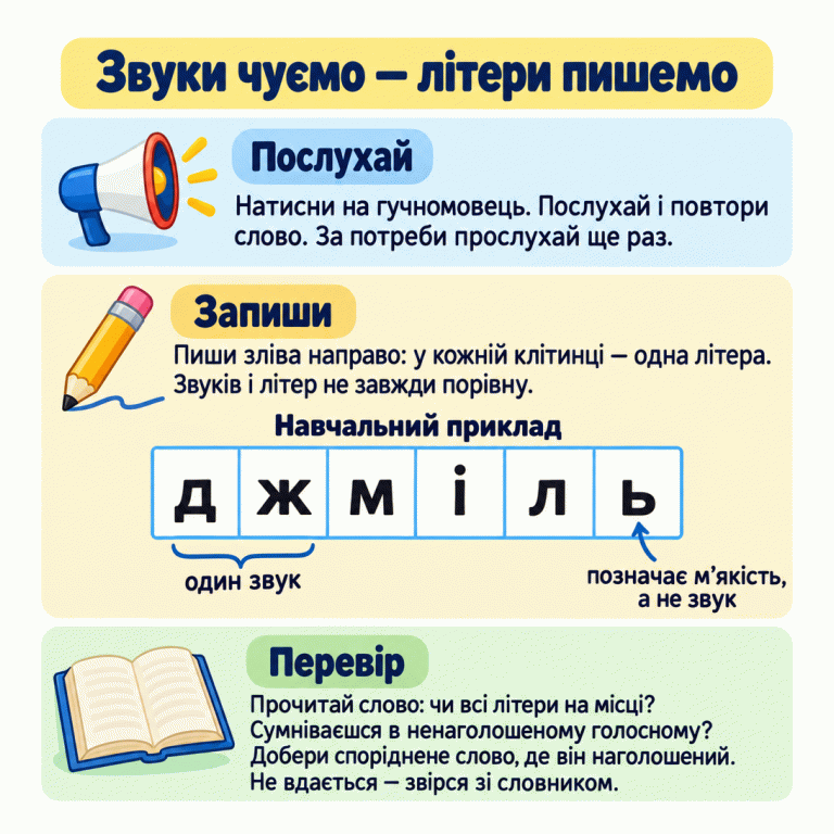 Спочатку послухай і повтори слово, потім запиши по одній літері в клітинку й перевір написане. У навчальному прикладі «джміль» літери д, ж, м, і, л, ь стоять у шести окремих клітинках. Перші дві літери разом позначають один звук. М’який знак позначає м’якість попереднього л і не має власного звука. Сумнівний ненаголошений голосний можна перевірити спорідненим словом, де він наголошений; якщо це не вдається, скористайся словником. Звуки чуємо — літери пишемо Послухай: Натисни на гучномовець. Послухай і повтори слово. За потреби прослухай ще раз. Запиши: Пиши зліва направо: у кожній клітинці — одна літера. Звуків і літер не завжди порівну. Перевір: Прочитай слово: чи всі літери на місці? Сумніваєшся в ненаголошеному голосному? Добери споріднене слово, де він наголошений. Не вдається — звірся зі словником. Навчальний приклад д ж м і л ь один звук позначає м’якість, а не звук