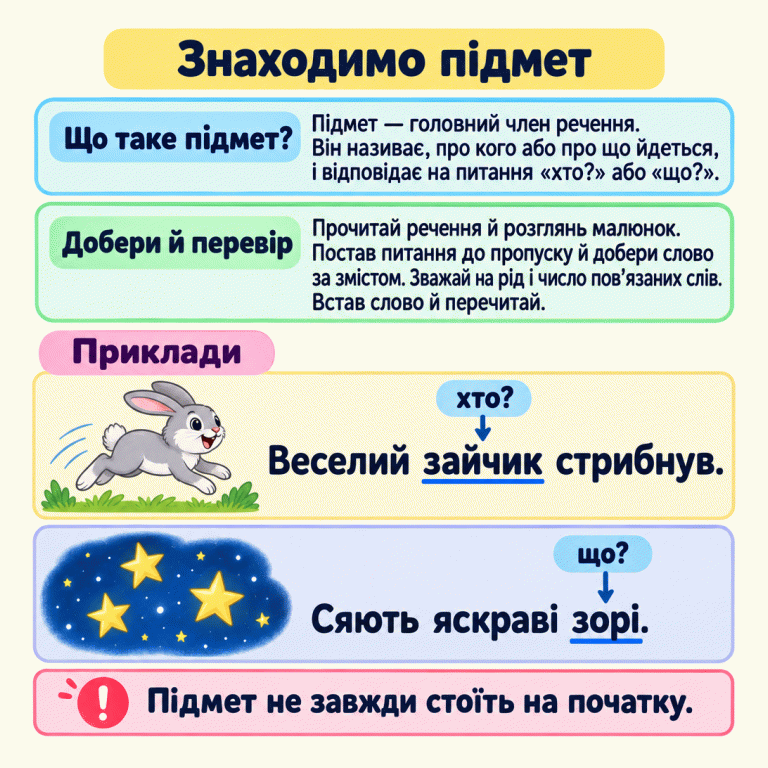 Картка пояснює, що підмет називає, про кого або про що йдеться, і відповідає на питання «хто?» або «що?». У навчальних реченнях підкреслено слова «зайчик» і «зорі»: один зайчик стрибнув, кілька зір сяють. Інструкція радить прочитати все речення, врахувати малюнок, поставити питання до пропуску, перевірити рід і число та перечитати після вставляння. Підмет не завжди стоїть на початку. Знаходимо підмет Що таке підмет?: Підмет — головний член речення. Він називає, про кого або про що йдеться, і відповідає на питання «хто?» або «що?». Добери й перевір: Прочитай речення й розглянь малюнок. Постав питання до пропуску й добери слово за змістом. Зважай на рід і число пов’язаних слів. Встав слово й перечитай. Підмет не завжди стоїть на початку. Приклади Веселий зайчик стрибнув. хто? Сяють яскраві зорі. що? !
