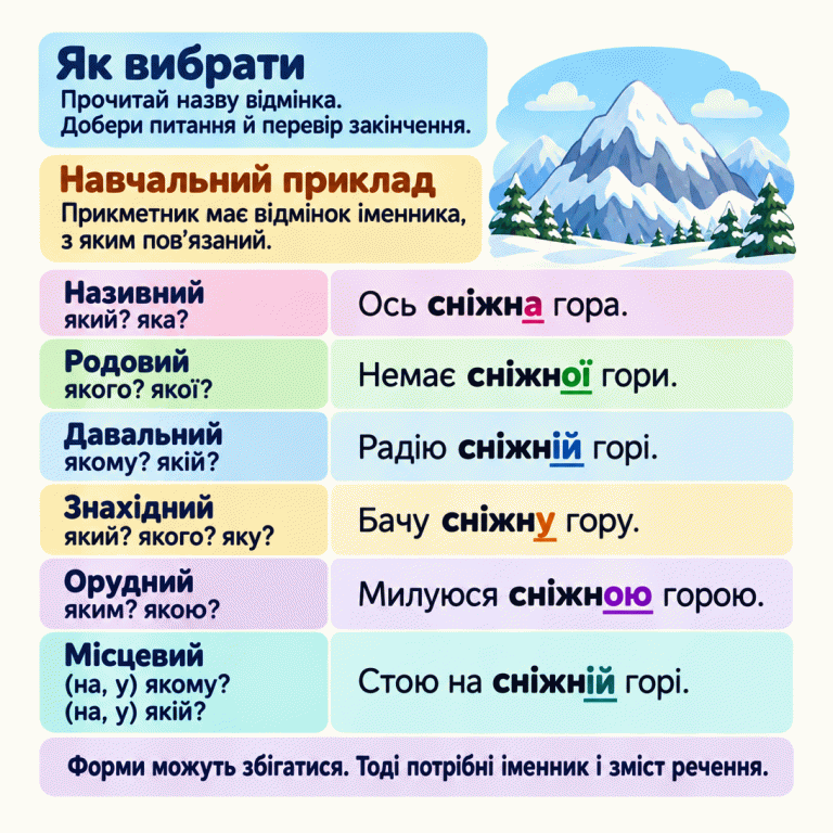 Пам’ятка пояснює, як вибрати прикметник у названому відмінку: добрати питання й перевірити закінчення. Біля малюнка сніжної гори показано шість прикладів: називний — «Ось сніжна гора»; родовий — «Немає сніжної гори»; давальний — «Радію сніжній горі»; знахідний — «Бачу сніжну гору»; орудний — «Милуюся сніжною горою»; місцевий — «Стою на сніжній горі». Біля кожного прикладу наведено відповідні питання. Прикметники виділено, їхні закінчення підкреслено. Прикметник має відмінок пов’язаного іменника. Якщо форми збігаються, потрібні іменник і зміст речення. Як вибрати: Прочитай назву відмінка. Добери питання й перевір закінчення. Навчальний приклад: Прикметник має відмінок іменника, з яким пов’язаний. Форми можуть збігатися. Тоді потрібні іменник і зміст речення. Називний
який? яка? Ось сніжна гора. Родовий
якого? якої? Немає сніжної гори. Давальний
якому? якій? Радію сніжній горі. Знахідний
який? якого? яку? Бачу сніжну гору. Орудний
яким? якою? Милуюся сніжною горою. Місцевий
(на, у) якому?
(на, у) якій? Стою на сніжній горі.