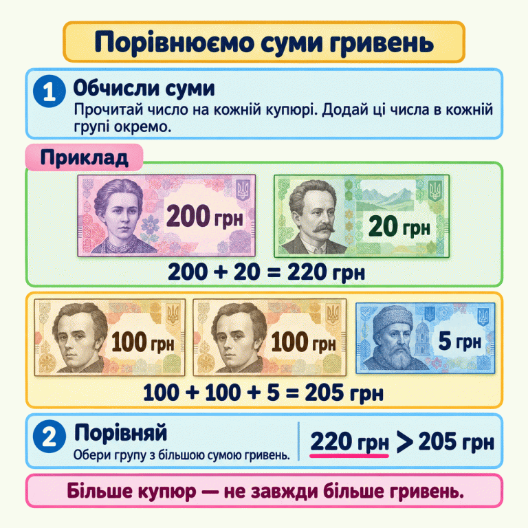 Навчальний приклад: купюри на 200 і 20 гривень разом дають 220 гривень. Купюри на 100, 100 і 5 гривень дають 205 гривень. 220 гривень більше за 205, хоча купюр у цій групі менше. Щоб обрати більшу суму, спочатку додай вартість купюр у кожній групі окремо. Порівнюємо суми гривень Обчисли суми: Прочитай число на кожній купюрі. Додай ці числа в кожній групі окремо. Порівняй: Обери групу з більшою сумою гривень. Більше купюр — не завжди більше гривень. Приклад 200 грн 20 грн 100 грн 5 грн 200 + 20 = 220 грн 100 + 100 + 5 = 205 грн 220 грн > 205 грн 1 2