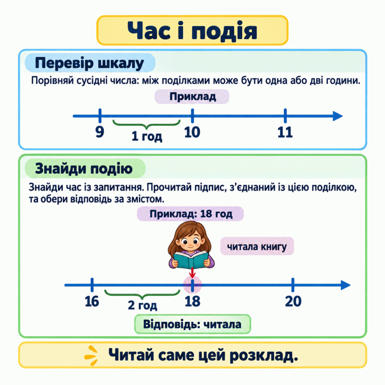 Два навчальні приклади часової шкали: 9, 10, 11 із кроком одна година та 16, 18, 20 із кроком дві години. У другому прикладі підпис «читала книгу» з’єднаний із поділкою 18 год. Стисла відповідь «читала» передає той самий зміст. Щоб визначити подію, порівняй сусідні числа, знайди час із запитання та прочитай з’єднаний із його поділкою підпис. Час і подія Перевір шкалу: Порівняй сусідні числа: між поділками може бути одна або дві години. Знайди подію: Знайди час із запитання. Прочитай підпис, з’єднаний із цією поділкою, та обери відповідь за змістом. Читай саме цей розклад. Приклад 9 10 11 1 год Приклад: 18 год читала книгу 16 18 20 2 год Відповідь: читала