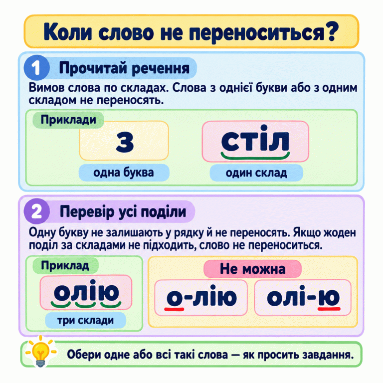 Картка пояснює, які слова не можна ділити для переносу. «з» — слово з однієї букви, «стіл» має один склад. У слові «олію» три склади, але обидва поділи — «о-лію» та «олі-ю» — недозволені: один залишає букву о, інший переносить букву ю. Треба перевірити всі поділи за складами та обрати одне або всі відповідні слова, як просить завдання. Коли слово не переноситься? Прочитай речення: Вимов слова по складах. Слова з однієї букви або з одним складом не переносять. Перевір усі поділи: Одну букву не залишають у рядку й не переносять. Якщо жоден поділ за складами не підходить, слово не переноситься. Обери одне або всі такі слова — як просить завдання. Приклади з одна буква стіл один склад Приклад олію три склади о-лію олі-ю Не можна 1 2
