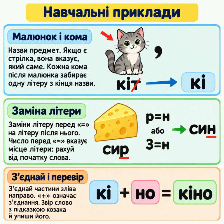 Навчальні приклади читання ребусів. Стрілка вказує на кота. Кома після його малюнка забирає останню літеру з назви «кіт», залишаючи «кі». У другому прикладі зображено сир: записи «р=н» або «3=н» замінюють третю літеру слова «сир», утворюючи «син». Унизу «кі» з’єднується з «но» й утворює «кіно». Пояснення нагадує читати частини зліва направо, перевіряти слово за підказкою козака та вписувати його. Навчальні приклади Малюнок і кома: Назви предмет. Якщо є стрілка, вона вказує, який саме. Кожна кома після малюнка забирає одну літеру з кінця назви. Заміна літери: Заміни літеру перед «=» на літеру після нього. Число перед «=» вказує місце літери: рахуй від початку слова. З’єднай і перевір: З’єднай частини зліва направо. «+» означає з’єднання. Звір слово з підказкою козака й упиши його. , кіт кі сир р=н або 3=н син + но = кіно